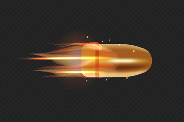 Fototapeta na wymiar Realistic flying bullet with fire trace. 3D vector isolated on transparent background illustration.