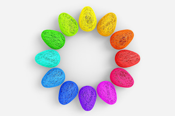 Easter concept. On a white background, a lot of eggs are woven from a lot of intertwined colored bright threads laid out in a circle with an empty space in the center . 3D stock illustration.
