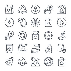 Ecology and Environment bold line icon set. Eco friendly and alternative energy sources linear icons. Recycle and nature outline vector sign collection.