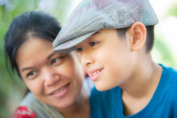 Single Mother and son smile together happy time