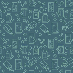 Fototapeta na wymiar Seamless Medicine pattern background. icons Medical pattern with pills and medical bottles. Vector graphics