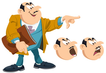 Fototapeta premium Cartoon happy businessman points finger.