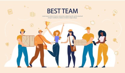 Diverse Multiracial Best Team Lettering Banner. Online Purchased Food, Goods Delivery Service. Man and Woman Working at Moving Company. Lady with Gold Reward, Happy Employees with Packages