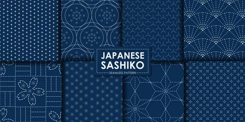 Fototapeten Japanese sashiko seamless pattern vector collection, Decorative wallpaper. © Pattern Paper Print
