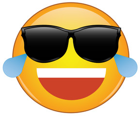 Cool laughing emoticon in shades. Awesome yellow laughing face emoji in sunglasses with a big grin, and shedding tears from laughing so hard. Expression of laughter, something funny or pleasing. 