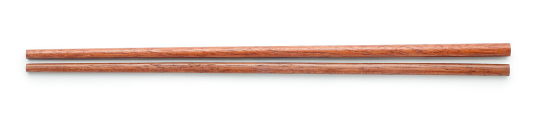 Wooden chopsticks isolated on white background. Top view.