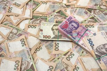 Fototapeta na wymiar Ukrainian Money backgrounds. 500 banknotes. Hryvnia (UAH). Top view