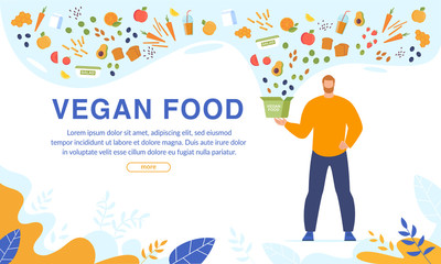 Vegan Food Order and Free Delivery Online Service. Webpage Banner with Man Character Holding Fresh Nutrition Eco Paper Box with Fresh Healthy Dinner. Raw Ripe Fruits and Vegetables Ingredients