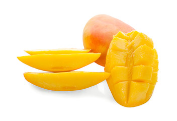 Fototapeta na wymiar Mango fruit with mango cubes and slices an isolated on a white background
