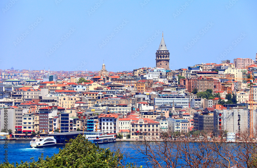 Poster view from topkapi palace on galata tower and beyoglu district, istanbul, turkey