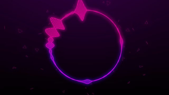 Neon Circular interface audio voice music sound spectrum equalizer. Space flight simulation background and particles splatter effect. Animated round waveform visualizer reacting whit pulses in display