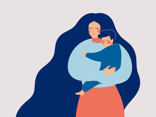 Young mother holds her son with care and love. Happy Mothers Day concept with mom and small boy. Vector illustration