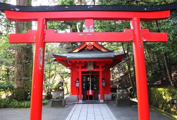 Tuinposter Torii gate and pavilion in Hakone Shrine, Hakone, Japan © frenta