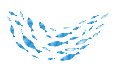 Silhouettes of groups of  fishes on white. Watercolor