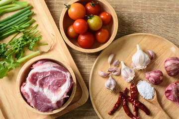 Food ingredients for making Nam Prik Ong, Northern Thai local food