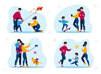 Family Happy Living and Activities Trendy Flat Vector Concepts Set. Parents with Children Launching Kite, Making Memorable and Selfie Photos, Playing Ball or Soccer Together, Isolated Illustrations
