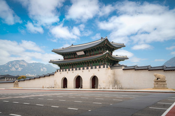 Gyeongbokgung palace gate and wall with nice sky in morning landmark of Seoul, South Korea. Asian...
