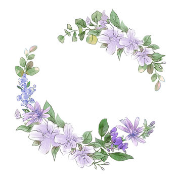 Watercolor hand drawing wreath of spring delicate flowers
