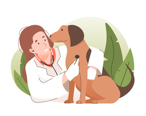 Young woman veterinarian doctor examining a dog with stethoscope. Pet health care and medical concept