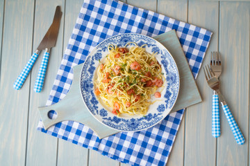 Spaghetti diablo with prawns, shrimps, flat lay image