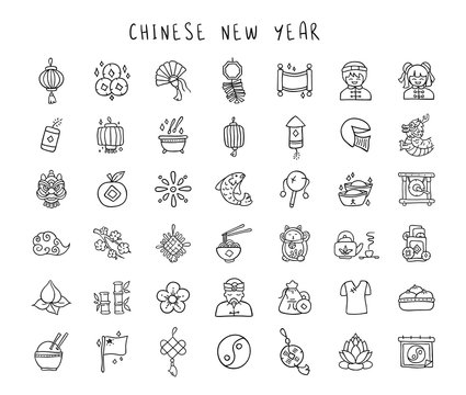 Chinese New Year line hand drawn icon set - black outline handmade icons or signs on traditional chinese holiday topic, lanterns, coins, dragons, flowers, lucky symbols and other decorations - vector