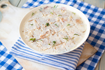 traditional russian cuisine, delicious cold wild game meat jelly on rustic background