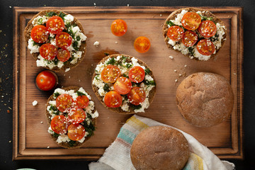 Vegetarian bruschettas. Bruschetta with feta cherry tomatoes.