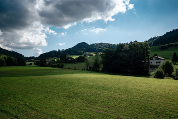 Scenic panoramic view of idyllic rolling hills landscape