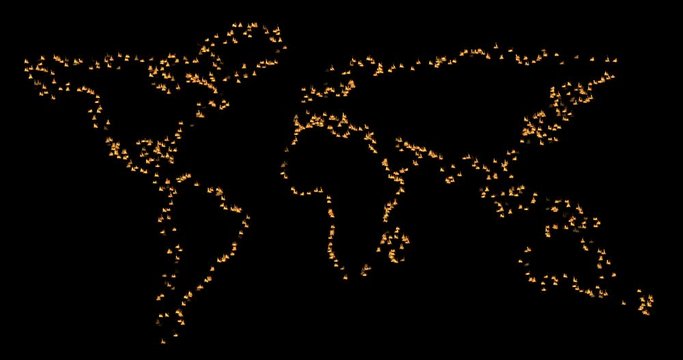 Abstract World burning in flames on black background. Map of the earth on fire. Consequences of drought and lack of rain. Global warming and climate change concept. Video motion in 4k