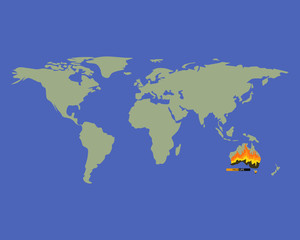 Fire in Australia. Ecology disaster on Australia. Earth map and Australia.
