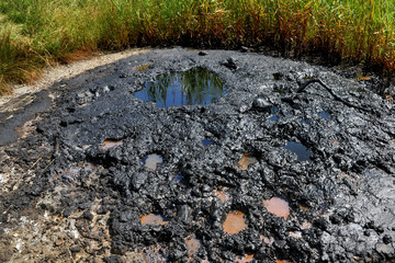 Obraz premium Active mud (clay and bitumen) volcano on the outskirts of the village Starunja in Carpathian. Spills of crude oil on the soil surface. Crater of the mud volcano.