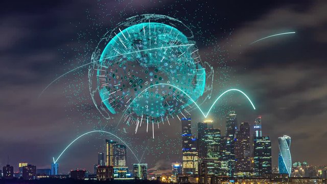 Smart city and communication network concept. Evening city time lapse with futuristic elements of telecommunications. The concept of high technology in the field of telecommunications