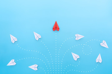 Business concept for new ideas creativity and innovative solution, Red paper plane in one...