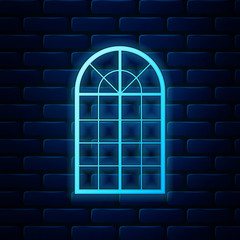 Glowing neon Arched window icon isolated on brick wall background. Vector Illustration