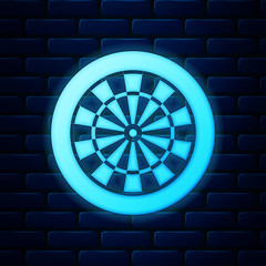 Glowing neon Classic darts board with twenty black and white sectors icon isolated on brick wall background. Dart board sign. Dartboard sign. Game concept. Vector Illustration