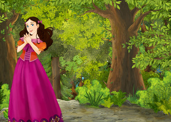 Obraz na płótnie Canvas cartoon summer scene with meadow in the forest with beautiful princess girl