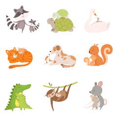 Cartoon Animal Mother and Her Cub Vector illustrations Set