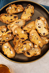 Italian homemade biscotti cookies or cantuccini with hazelnuts.