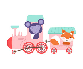 Cheerful Red Cheeked Fox and Bucket Ears Monkey Driving Toy Train Vector Illustration