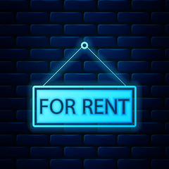 Glowing neon Hanging sign with text For rent icon isolated on brick wall background. Vector Illustration