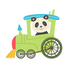 Funny Panda with Bucket Ears Riding on Train Vector Illustration