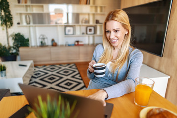 Smiling woman with laptop at home office