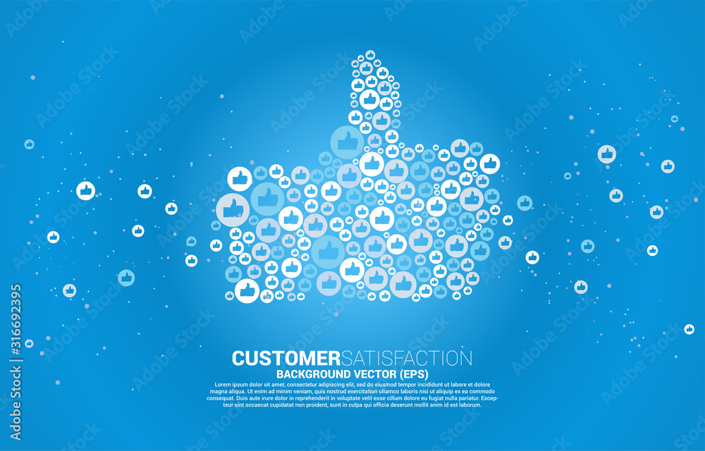 Poster thumb up icon from small thumb icon. concept of customer satisfaction , client rating and ranking.
