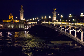 Fototapeta na wymiar Night Paris. View of the Seine river and the graceful Alexander III bridge. Night lighting, Night city lights.