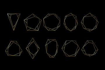 Gold collection of geometrical polyhedron, art deco style for wedding invitation, luxury templates, logo, book cover and poster