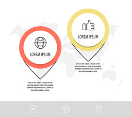 Vector infographic with 2 pins and circles. Used for two diagrams, graphs, flowchart, timeline, marketing, presentation. Creative business concept step by step
