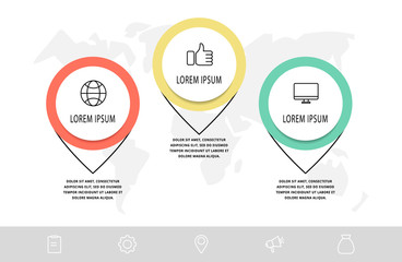 Vector infographic with 3 pins and circles. Used for three diagrams, graphs, flowchart, timeline, marketing, presentation. Creative business concept step by step