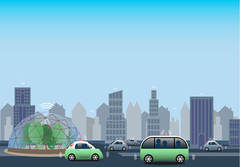 Internet of Things, IoT in a city for sustainability. Electrified and autonomous vehicles. Greenhouse for growing plants using modern technology. Everything connected. Vector Illustration