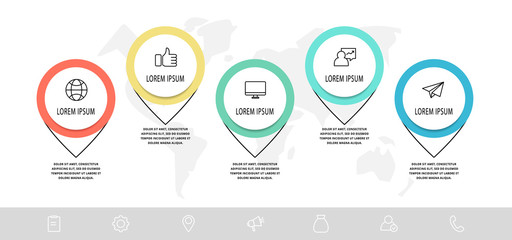 Vector infographic with 5 pins and circles. Used for five diagrams, graphs, flowchart, timeline, marketing, presentation. Creative business concept step by step