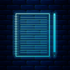 Glowing neon Blank notebook and pencil with eraser icon isolated on brick wall background. Vector Illustration